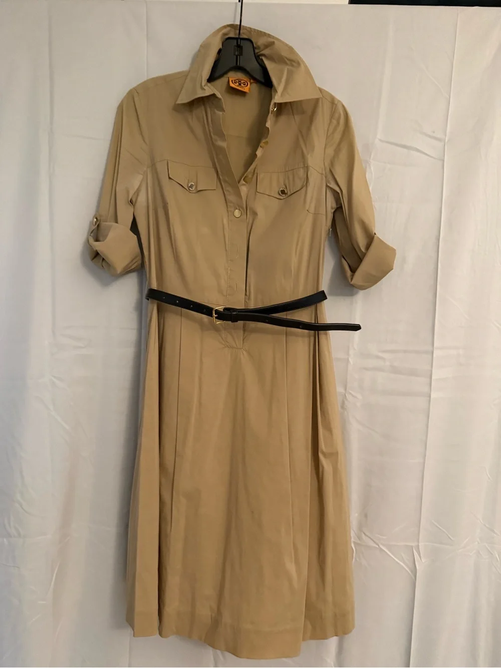 Tory Burch Khaki Shirt Midi Dress with Black Belt